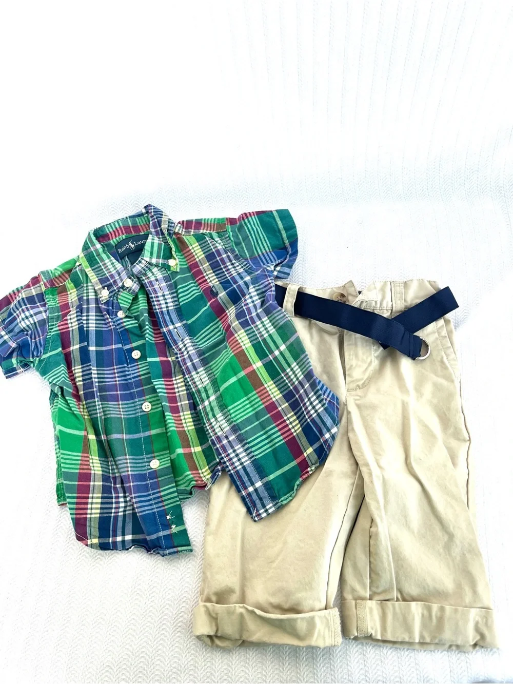 Ralph Lauren Green Blue Plaid Short Sleeve Button-Down Shirt & Khaki Pants
